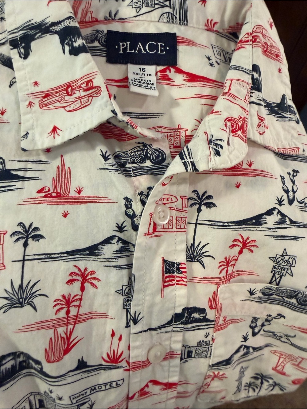 Children’s Place Boys White Button-Down Shirt W/ Red White Blue Iconic USA Print